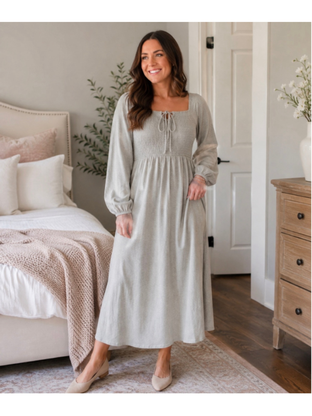 Women's ABLE Midi Dress Size 1X Grey Smocked Long Sleeve